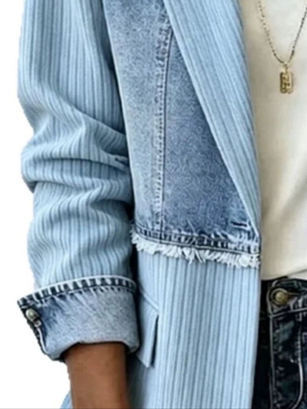 Light Blue Mixed-Media Denim Blazer Jacket - Picture 2 of 9